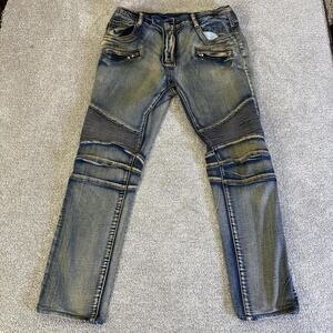 Balmain Biker Jeans Distressed Ribbed Panels Slim Fit Men's 33